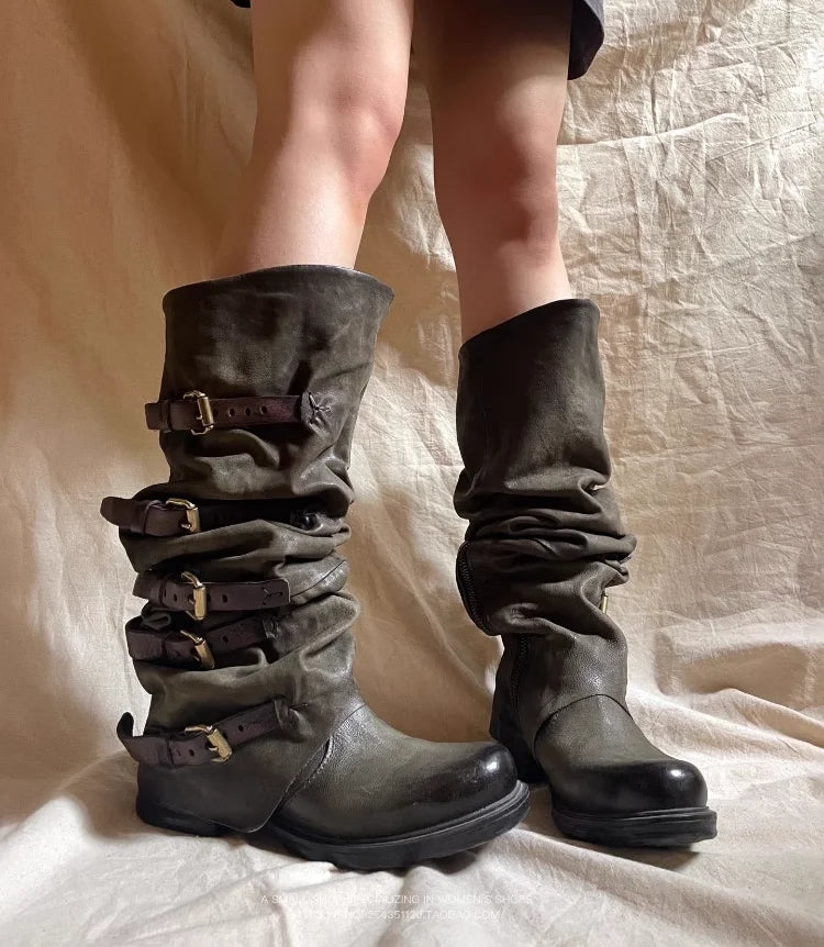 Vintage Wasteland Brown Buckled Knee High Boots Round Toe Flats Chunky Heel Women's Long Boot Luxury Designer Pleated Shoes