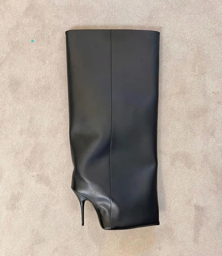 Bottes cuissardes en cuir noir, bout pointu, talons hauts, bottes hautes en jean, design de luxe, chaussures en duvet pour femmes, nouveauté hiver 2024