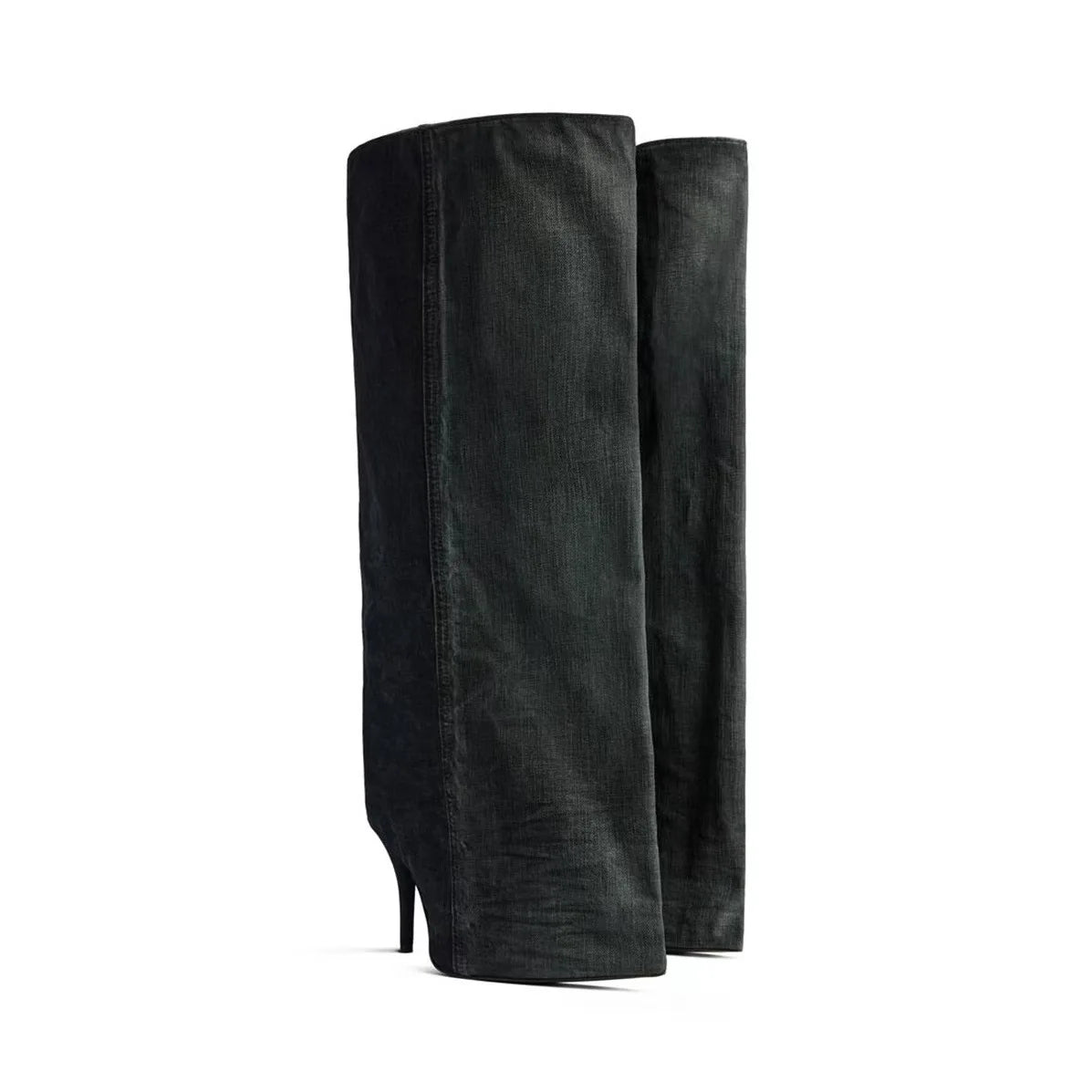 2024 Winter New in Black Leather Wader Boots Pointed Toe High Heels Pull on Knee High Boot Denim Luxury Design Women Down Shoes