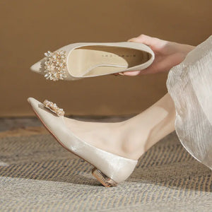 Flat Shoes Bridal Shoes Square Buckle Rhinestone Low Heeled Single Shoes high heels