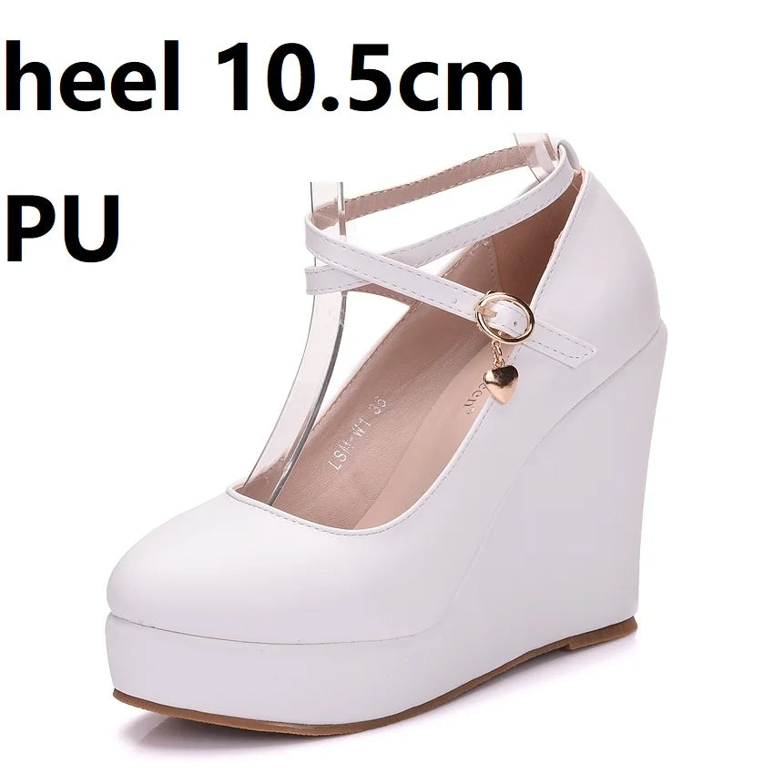 Crystal Queen High Heels Platform Wedge Female Pumps Women's Flock Buckle Bowtie Ankle Strap Wedding Shoes Round Toe White