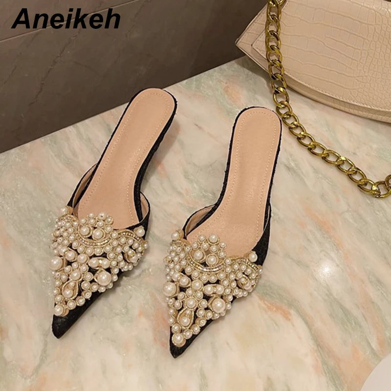 Aneikeh Spring/Autumn Fashion Sexy Women Shoes Elegant String Bead Crystal Patchwork Slip-On 35-42 Thin Heels Slipper NEW 2025