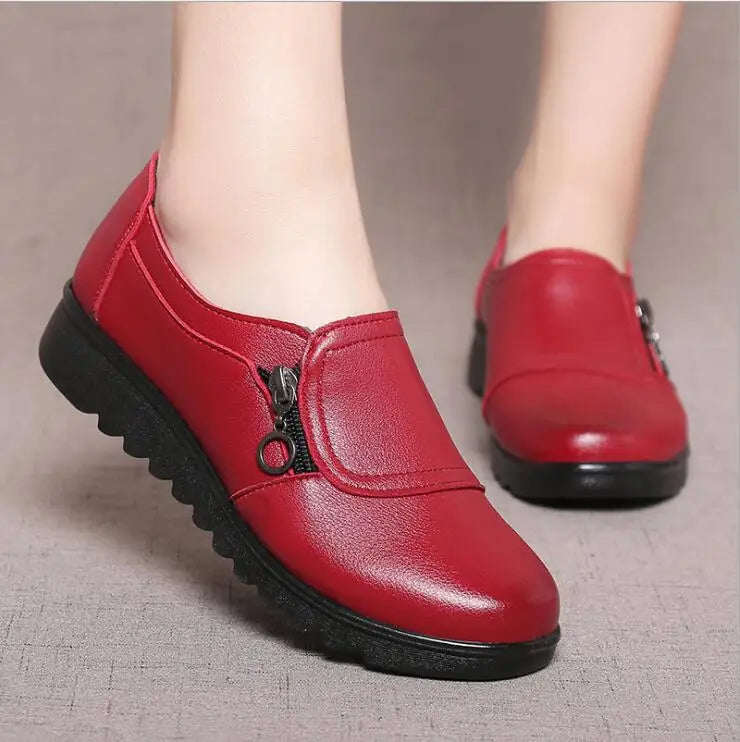 2021 Fashion Soft Leather Round Head Women Casual Flats Ladies Side Zipper Flat Oxford Shoes New Single Non-slip Warm Slope Heel