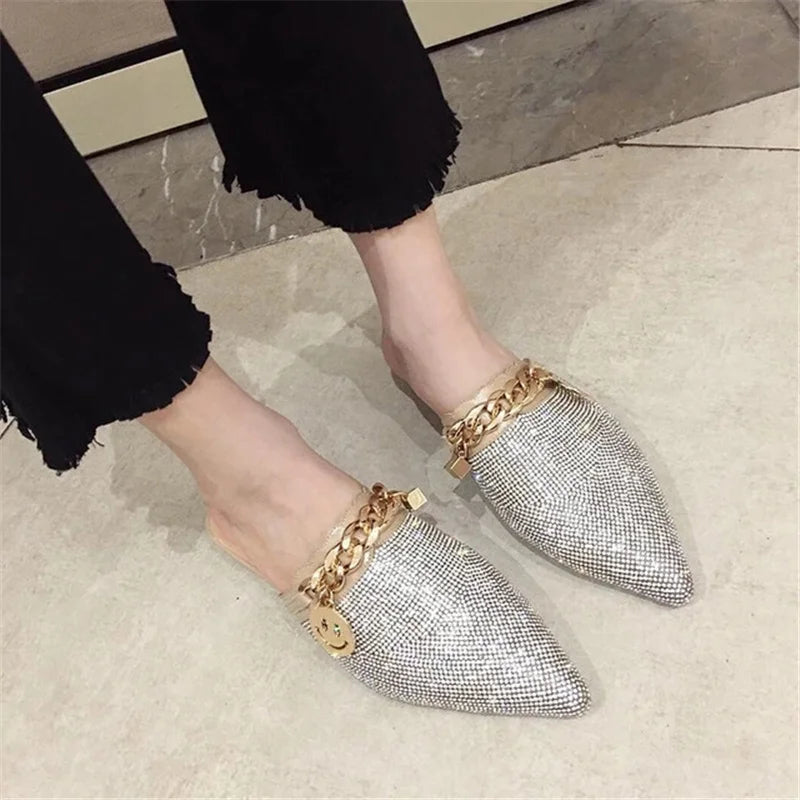 SNURULANPointed Toe Half Slippers Female Summer Wear New Fashion Rhinestone Lazy Flats Sandals Casual Mules Metal Chain Slide