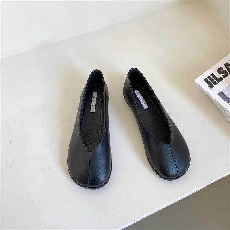 Japanese Style Round Toe Loafers Women Soft Leather Flats Shoes Patchwork Sewing Moccasins Female Cozy Ballet Slip On Lazy Mules