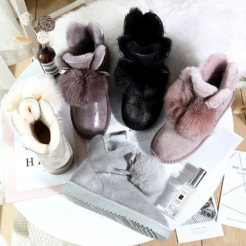 100% Natural Wool Women Snow Boots genuine cowhide leather Winter Boots Warm women Ankle boots hot sale