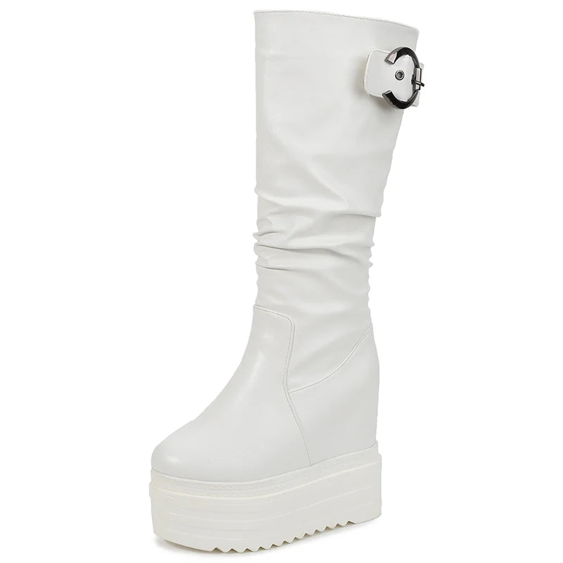 Gdgydh Thick Sole Height Increased Tube Boots Women Fashion Buckle Strap European and American Platform Shoes Woman Knee High