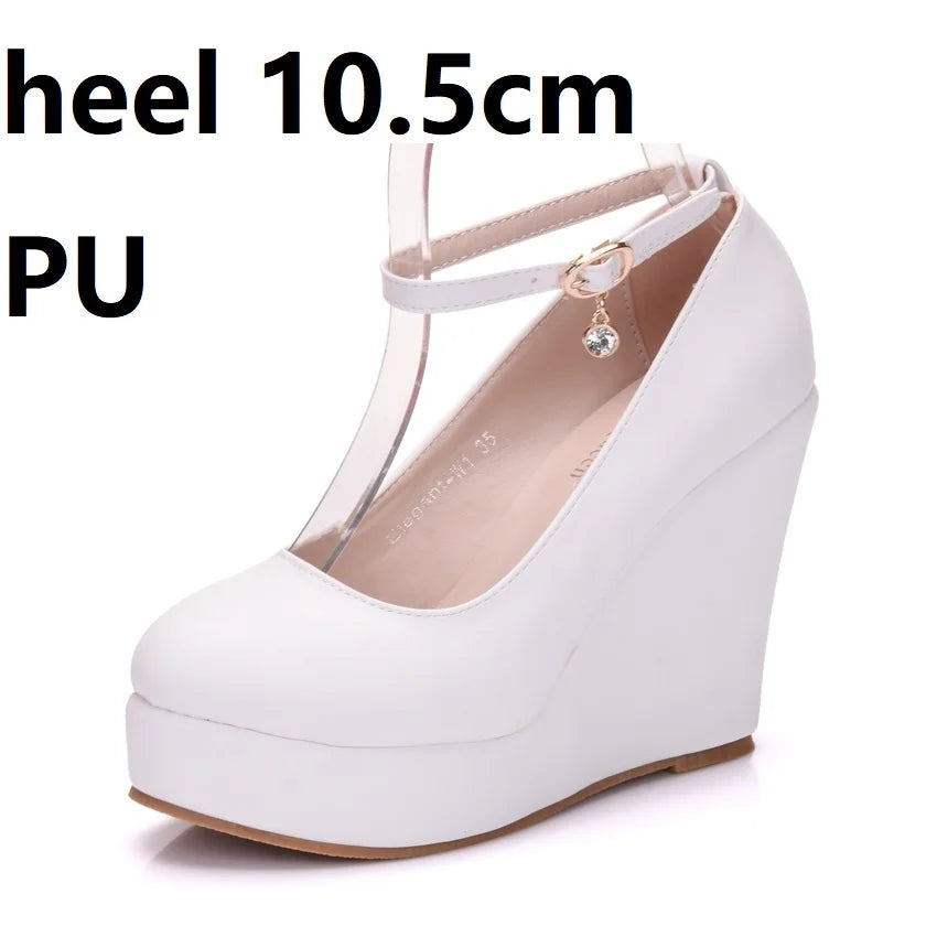 Crystal Queen High Heels Platform Wedge Female Pumps Women's Flock Buckle Bowtie Ankle Strap Wedding Shoes Round Toe White