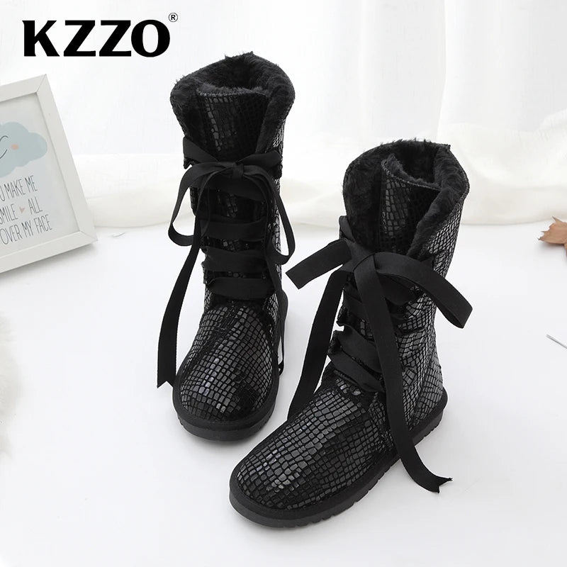 KZZO Top Quality Natural Wool Lined 100% Genuine Leather Winter Snow Boots For Women Casual Knee-high Boots Warm Shoes Non-slip