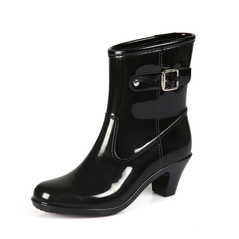 Spring/Autumn High-heeled Ankle Shoes Women Fashion Rain Boots Women Waterproof High Rainboots Slip Glass with Water Boots