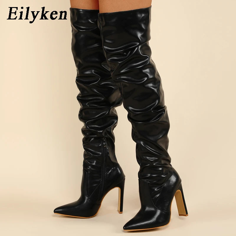 Eilyken – Bottes hautes plissées à bout pointu et fermeture éclair pour femme, chaussures tendance à talons aiguilles carrés, blanches, noires et marron