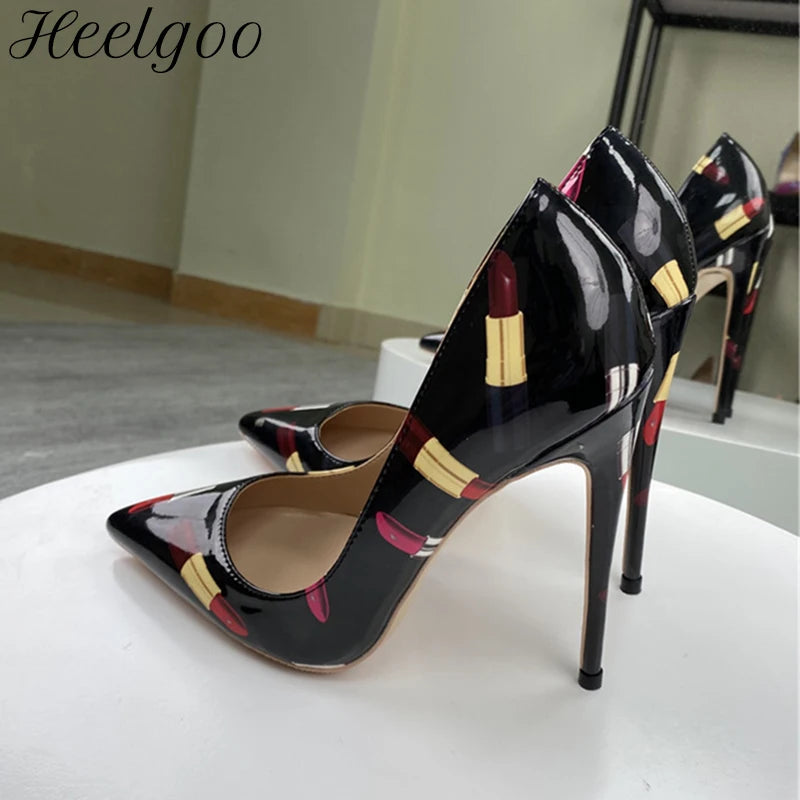 Heelgoo Newly Lipsticker Print Women Glossy Pointy Toe High Heel Black Party Shoes Slip On Stilettos Pumps Plus Size 33-46