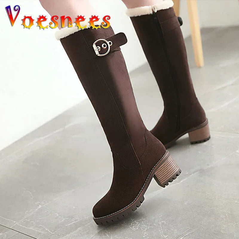 Women's Winter Warm Long Boots 2022 New Fashion Flock Knee-High Boots Exquisit College Style Plush Thick Soled Zip Female Shoes