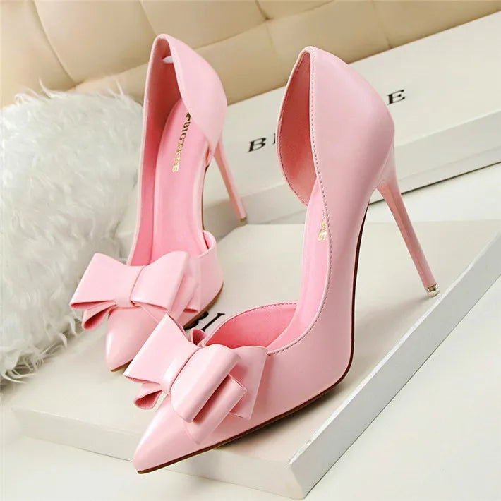 Side Hollow Soft Leather Women Pumps 7 Color Fashion Bowtie Pointed Toe High Heels Ladies Dress Wedding Shoes Woman Work Shallow