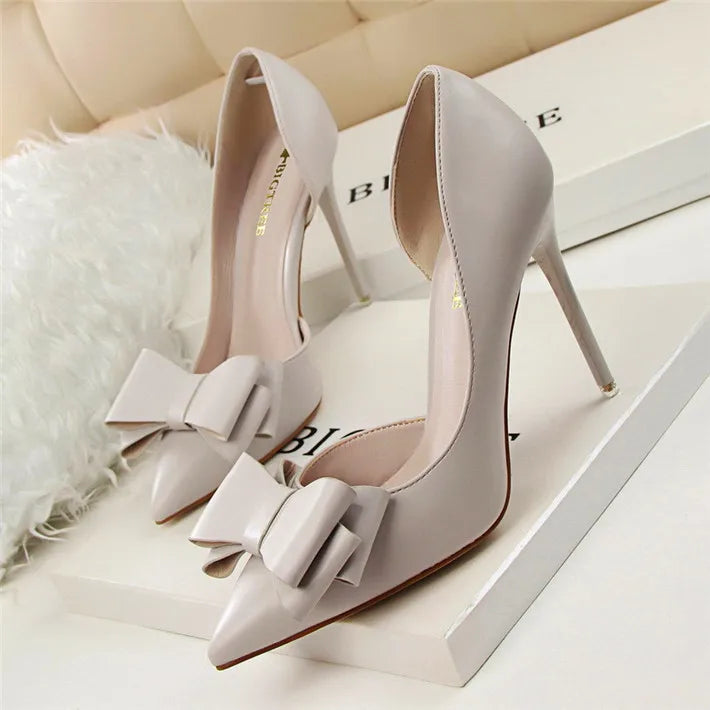 Side Hollow Soft Leather Women Pumps 7 Color Fashion Bowtie Pointed Toe High Heels Ladies Dress Wedding Shoes Woman Work Shallow