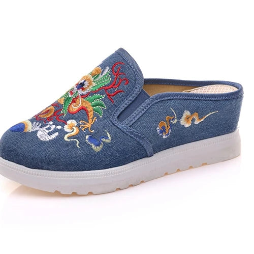 Veowalk Chinese Totem Embroidery Women's Casual Canvas Wedge Slippers Medium Hidden Heel Slip-on Comfort Platform Slides Shoes