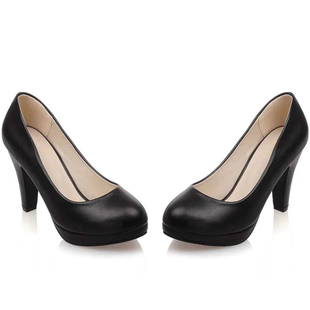 Sgesvier Black White Women Pumps High Heels Shoes Thick Heel Round Toe Pumps Size 32-48 Summer Autumn Fashion Shoes Ladies B207