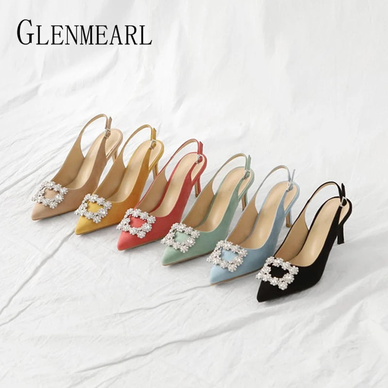 Women Pumps Fashion Ladies Rhinestone High Heels Shoes Soft Leather Heels Shoes Woman Pointed Toe Non-slip Brand Plus Size DE