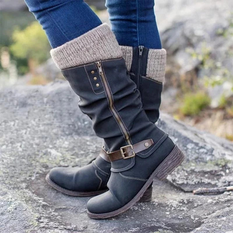 Plus Size Women Boots Winter Square Heel Long High Boots Ladies Custom Motorcycle Boots Women Shoes Mid Calf Botas Mujer WSH3791