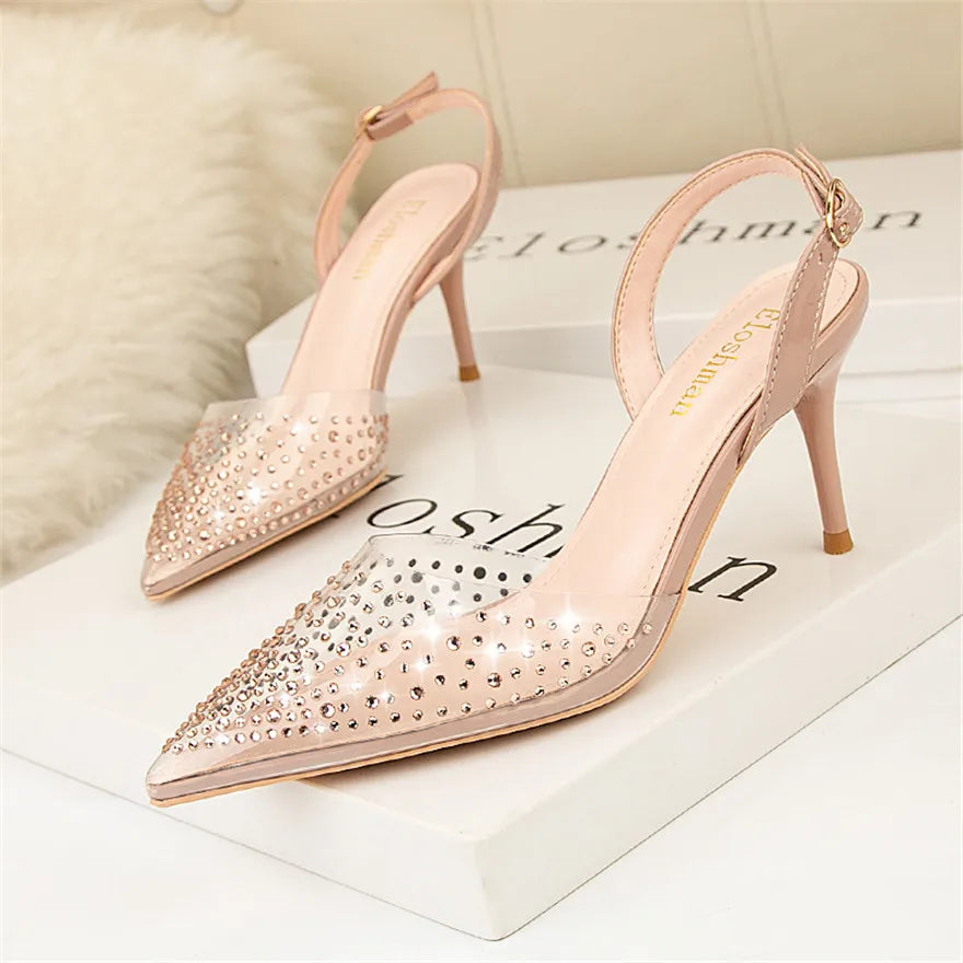 Transparent Rhinestone Fashion Sandals For Women Black Buckle High Heel Shoes Pointed Toe Crystal Shallow Ladies Dress Pumps