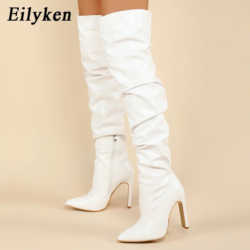 Eilyken – Bottes hautes plissées à bout pointu et fermeture éclair pour femme, chaussures tendance à talons aiguilles carrés, blanches, noires et marron