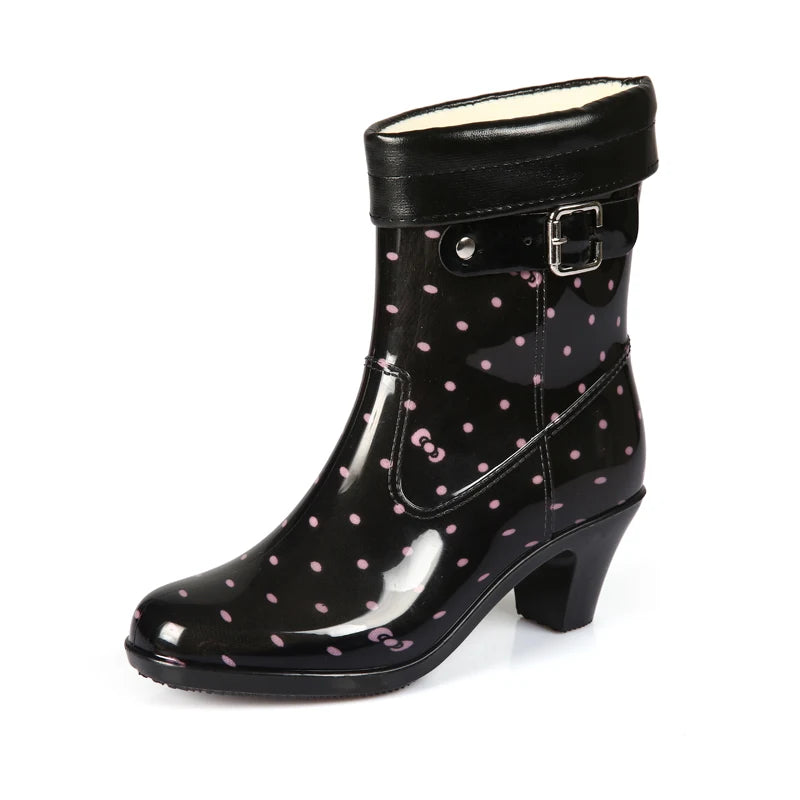 Spring/Autumn High-heeled Ankle Shoes Women Fashion Rain Boots Women Waterproof High Rainboots Slip Glass with Water Boots