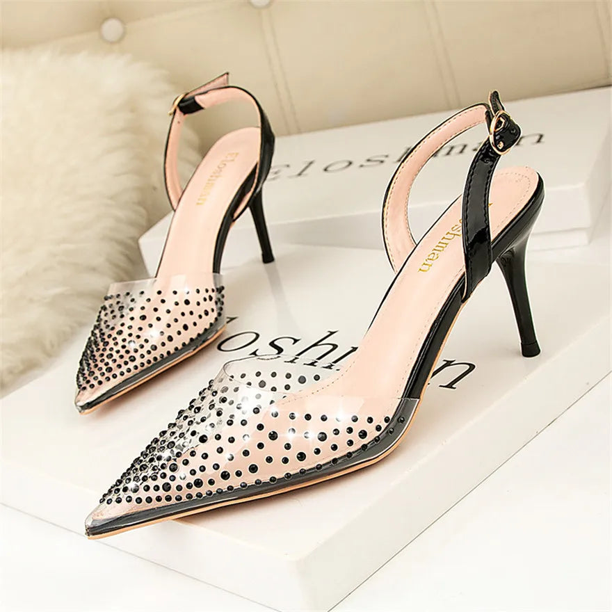 Transparent Rhinestone Fashion Sandals For Women Black Buckle High Heel Shoes Pointed Toe Crystal Shallow Ladies Dress Pumps