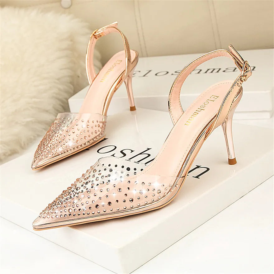 Transparent Rhinestone Fashion Sandals For Women Black Buckle High Heel Shoes Pointed Toe Crystal Shallow Ladies Dress Pumps