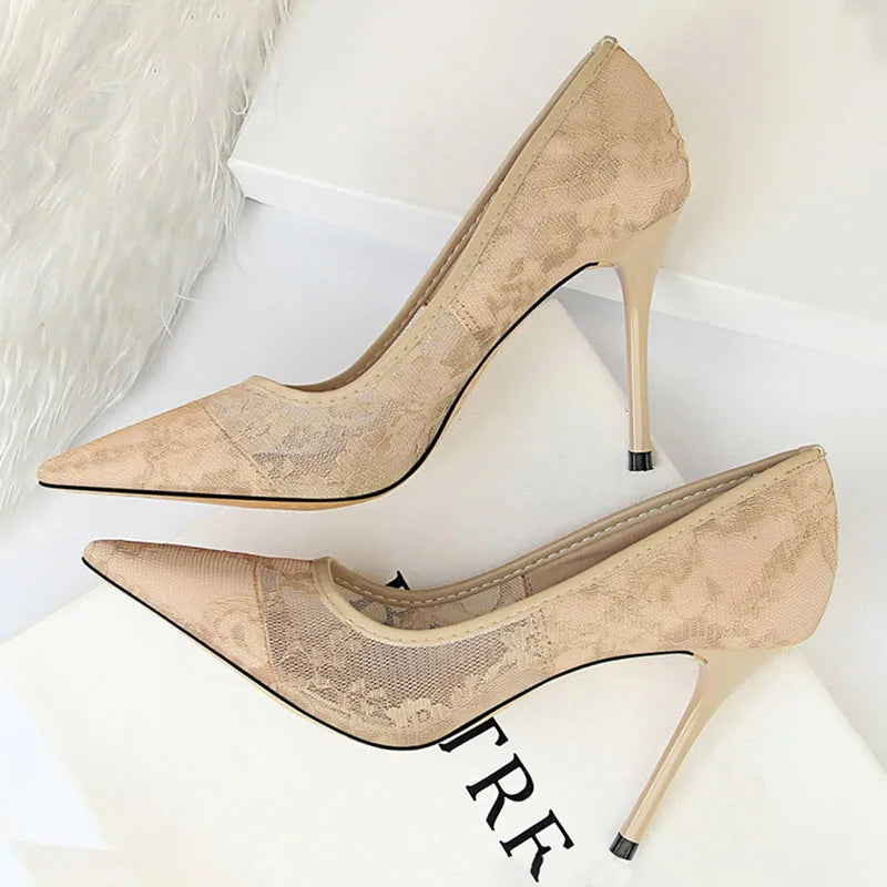BIGTREE Shoes Mesh Hollow Lace Woman Pumps 2025 Spring Women Heels Sexy Party Shoes Thin Stiletto Heels Women Shoes 6 Colour