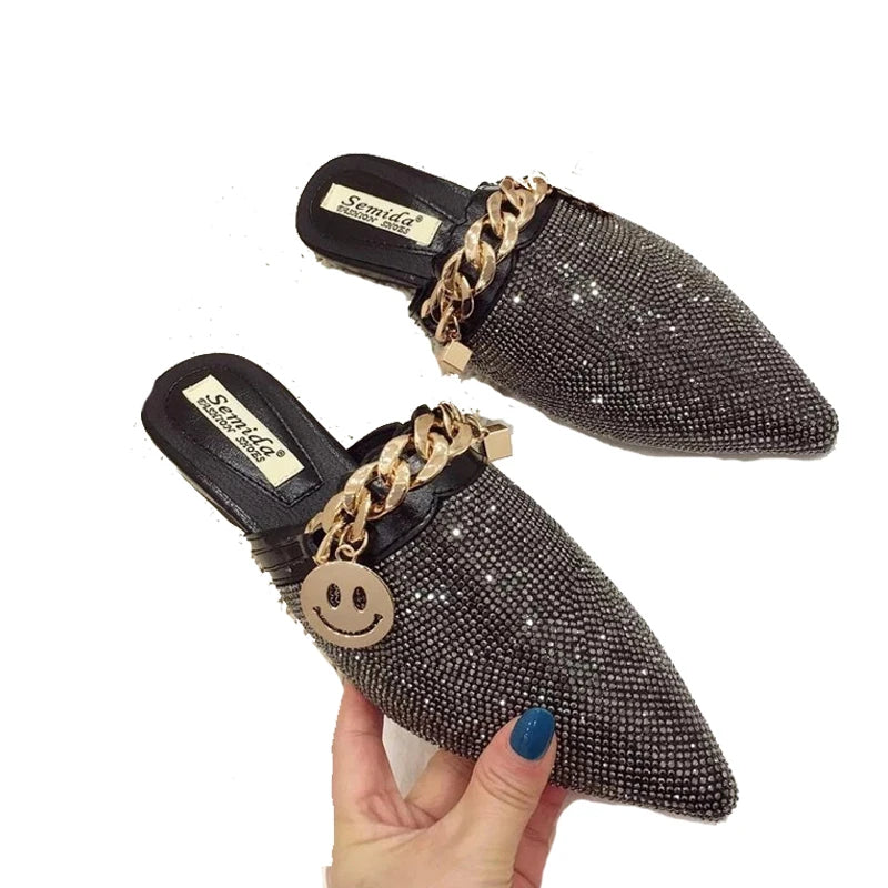 SNURULANPointed Toe Half Slippers Female Summer Wear New Fashion Rhinestone Lazy Flats Sandals Casual Mules Metal Chain Slide