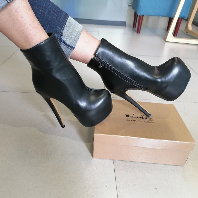 Onlymaker Women Ankle Boots Rounded Toe 16CM High Heel Black Side Zipper Slim Fashion Matte Plus Size Warm Winter Booties