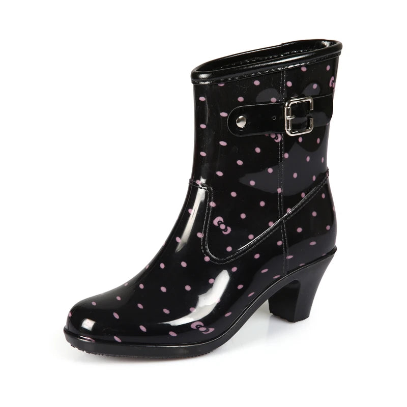 Spring/Autumn High-heeled Ankle Shoes Women Fashion Rain Boots Women Waterproof High Rainboots Slip Glass with Water Boots