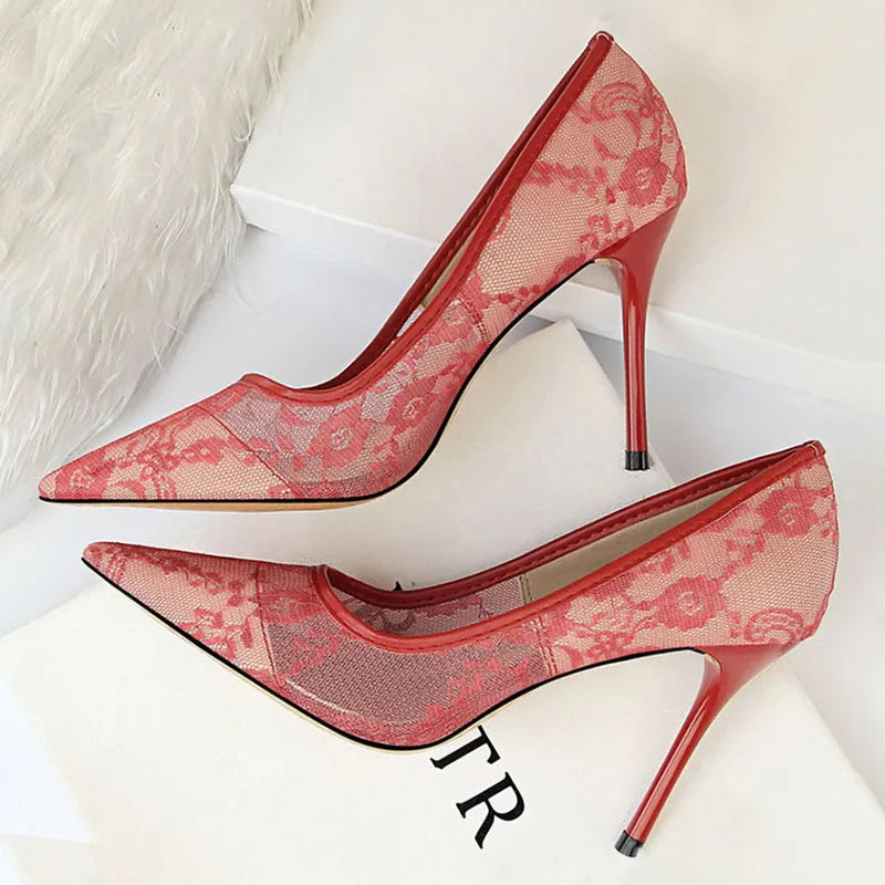 BIGTREE Shoes Mesh Hollow Lace Woman Pumps 2025 Spring Women Heels Sexy Party Shoes Thin Stiletto Heels Women Shoes 6 Colour