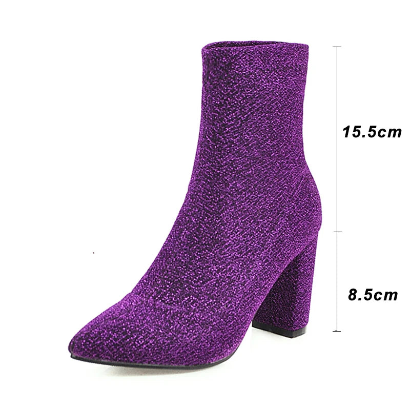 Kcenid Nouvelles Chaussures à la Mode Bling Femmes Bottes à Talons Aiguilles en Tricot Hautes Bottes Automne Hiver Femmes Bottes Élastiques Violet