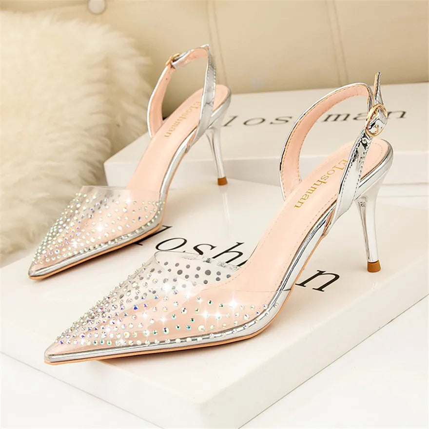 Transparent Rhinestone Fashion Sandals For Women Black Buckle High Heel Shoes Pointed Toe Crystal Shallow Ladies Dress Pumps