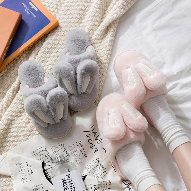 comemore 2021 New Women's Cotton Slippers Female Cute Cartoon Bunny Rabbit Ears Couple Plush Male Winter Home House Shoes Pink
