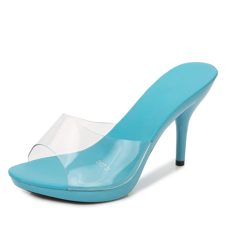 2021 New Transparent Crystal Slippers Outdoor Beach Summer Sandal Walk Show High Heels Sexy Party Dress Women Shoes Eight Colors