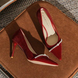 High Wedding Shoes French Pearls Pointed Toe Stiletto Heeled Shoes high heels