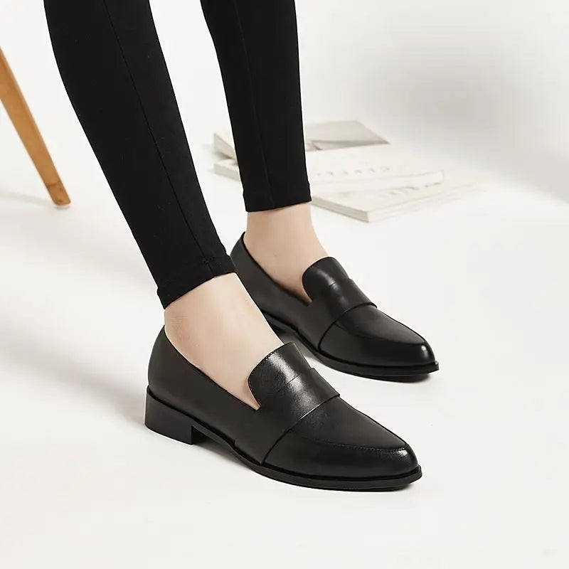 Luxury Leather Casual Office Shoes For Woman 2024 Women's Summer Footwear Low Heel Elegant Formal Black Pointed Toe Stylish Y2k