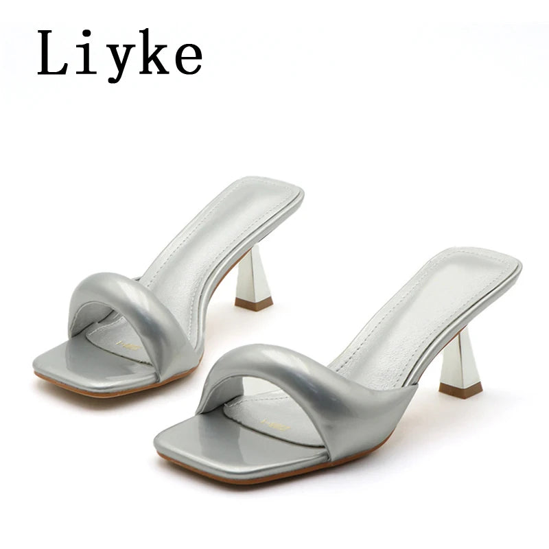 Liyke 2025 New Arrivals Black Silver Square Toe Slippers For Woman Mules Low Thin Heels Designer Slides Shoes Gladiator Sandals