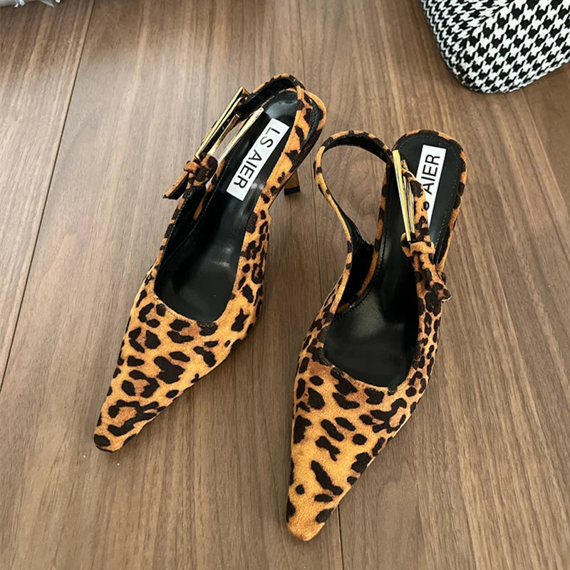 Leopard Pointed Toe Sexy High Heels Women Shoes Summer Sandals Designer New Dress Party Shoes Walking Pumps Mujer Zapatos