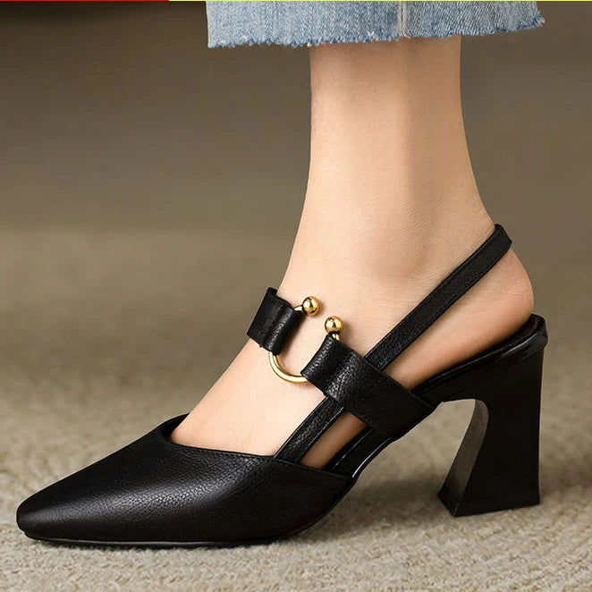 Block Heels Sandal Female Medium Heel Shoe Chunky Genuine Leather Shoes Summer New 2024 Sandals Ladies Fashion Elegant Black Hot