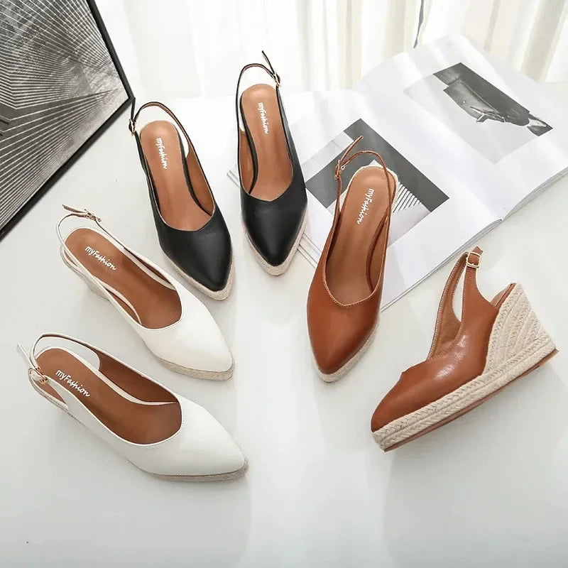 BEYARNE Princess Kate's Same Leather Wedge Single Shoes Women's Shallow Mouth Espadrilles Spring and Autumn New Sandals HighHeel