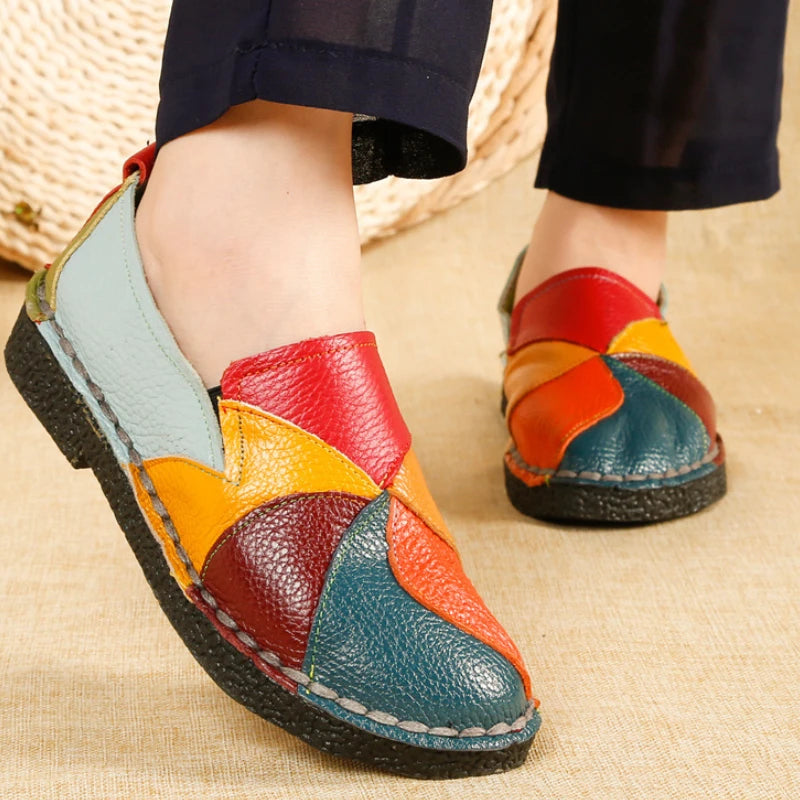 Women's Retro Flats Ethnic Style Mix Colors Round Head Soft-soled Leather Shoes Autumn Plus Size Slip-on Loafers Tenis Feminino
