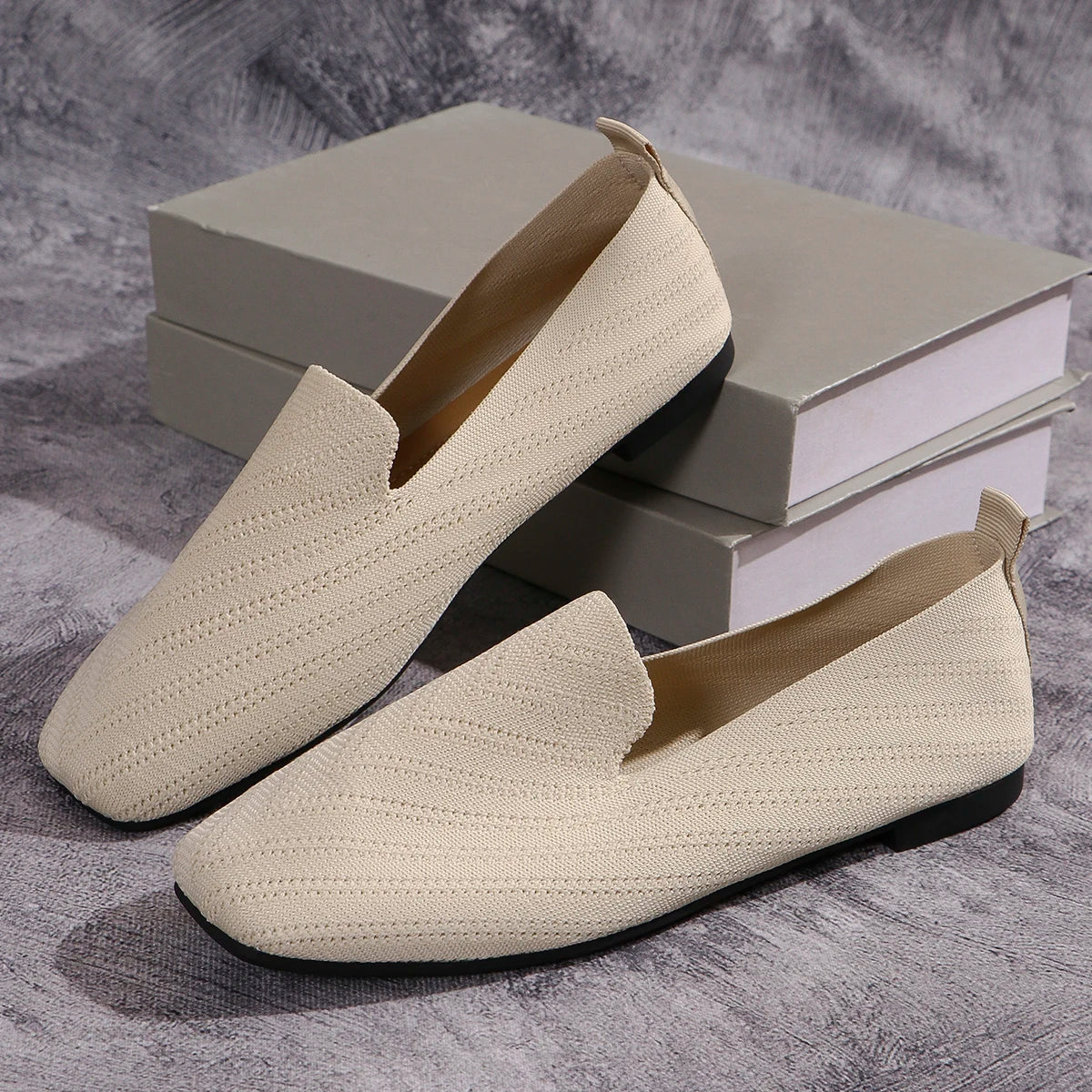 2024 Solid Color Square Toe Mesh Loafers Shallow Women Flats Shoes Soft Bottom Knit Ballet Flats Shoes Casual Slip on Shoes