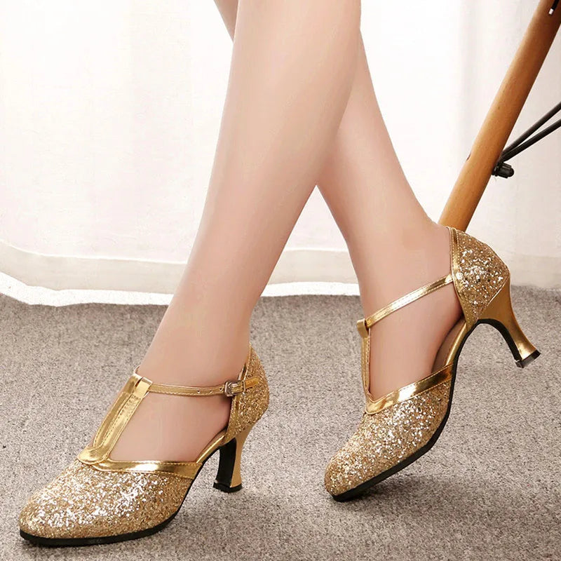 Gold Women Shoes Women Pumps Latin Dance Shoes heeled Low Heels Female Wedding Party Shoes Gold Silver Drop Shipping