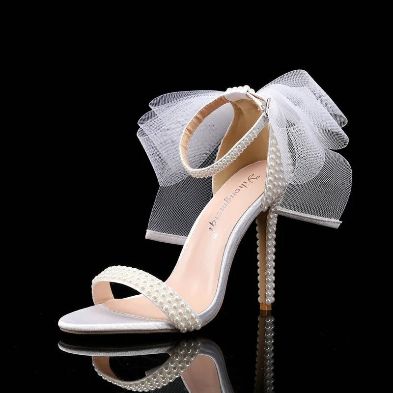 2025 New Fish Mouth High Heels Shallow Mouth Rhinestone Pearl Sandals Women's Wedding Bride Shoe