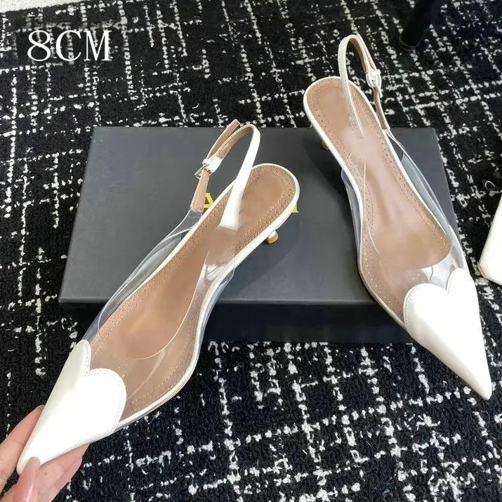 2025 New Pointy Peach Heart Fine Heel Shoes Sexy Pvc Transparent Film Black Patent Leather High Heel Overhead Sandals