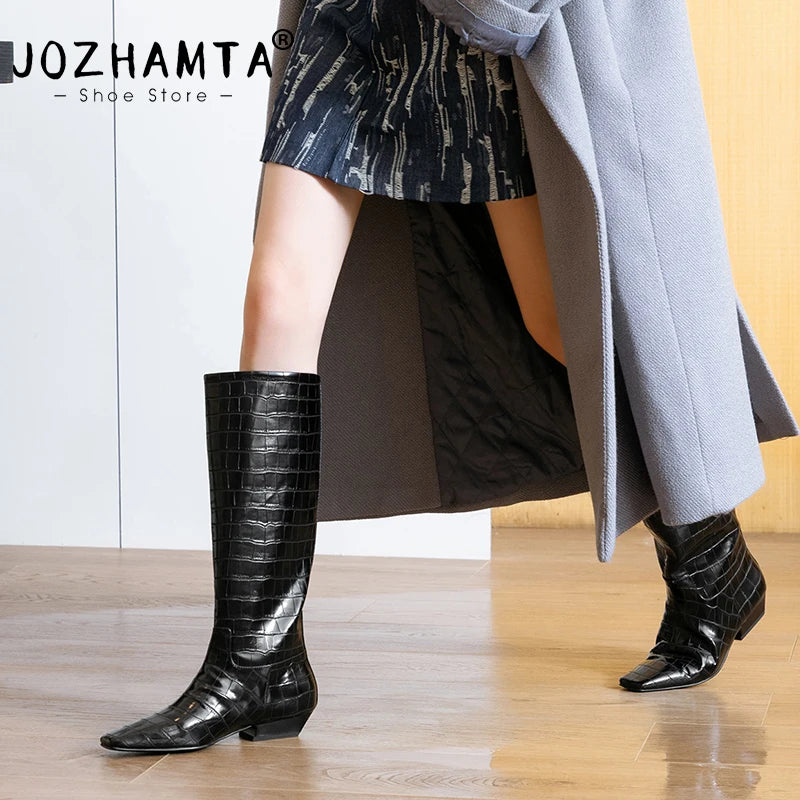 JOZHAMTA Size 35-43 Women Knee Boots 2025 Ins Fashion Stone Pattern Soft Leather Thick Heels Shoes Fall Winter Long Tall Boots