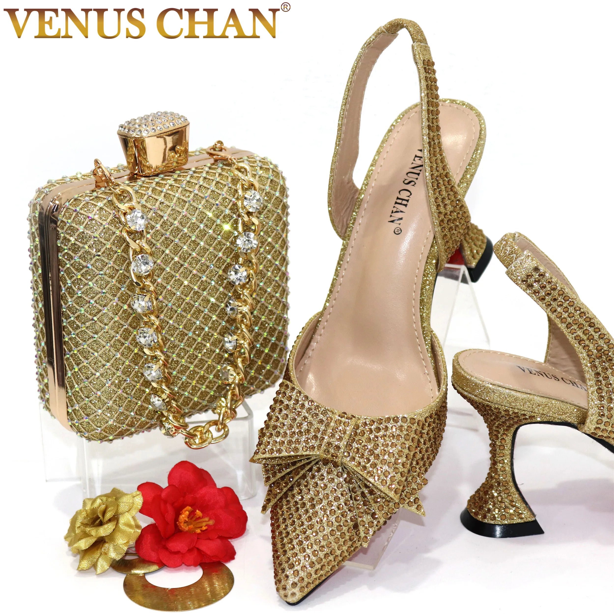 Venus Chan Bridal High Heels for Women 2023 Pointed Toe With Bows Gold Color Rhinestone Elegant Party Wedding Shoe and Bag Set